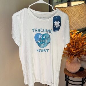 Life Is Good Women’s White and Blue T-Shirt - Teaching Heart Design Large